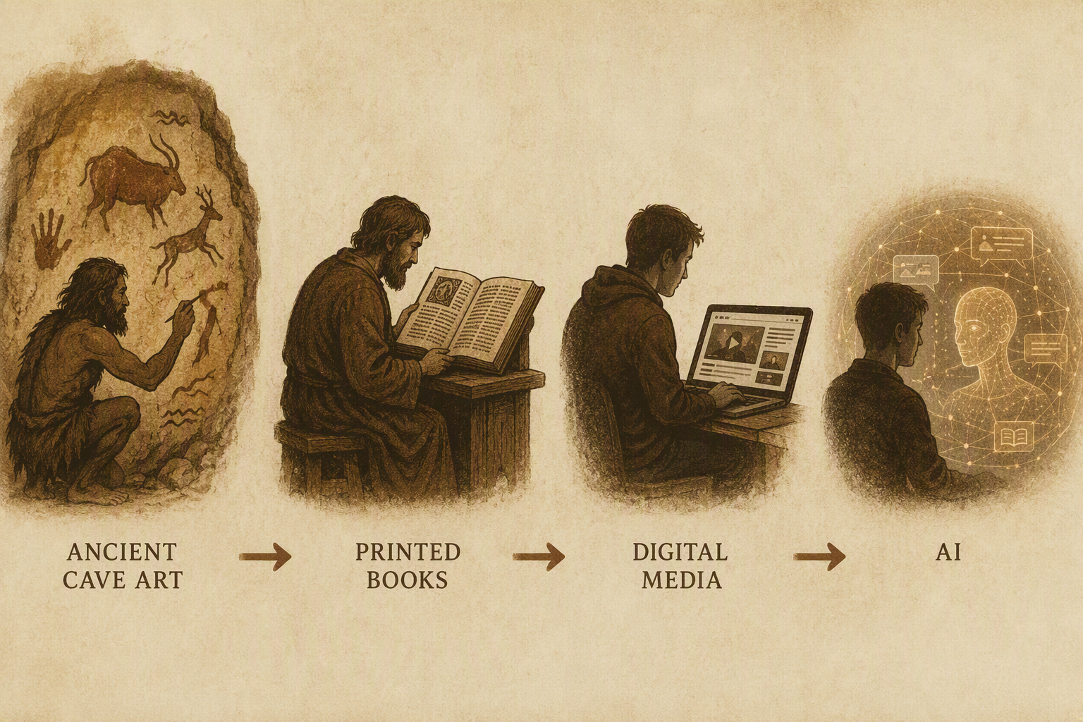 An image showing the Evolution of Narrative based on the evolution of man